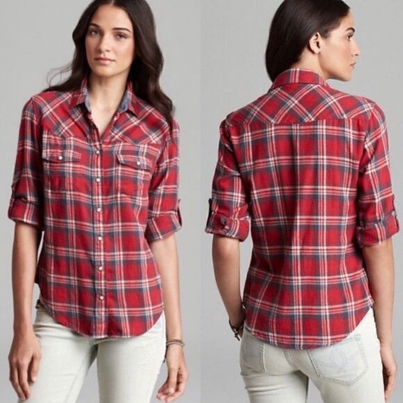 Jachs GirlFriend Bea Flannel Shirt Red Plaid Large Pearl Snap western button up - Picture 1 of 15